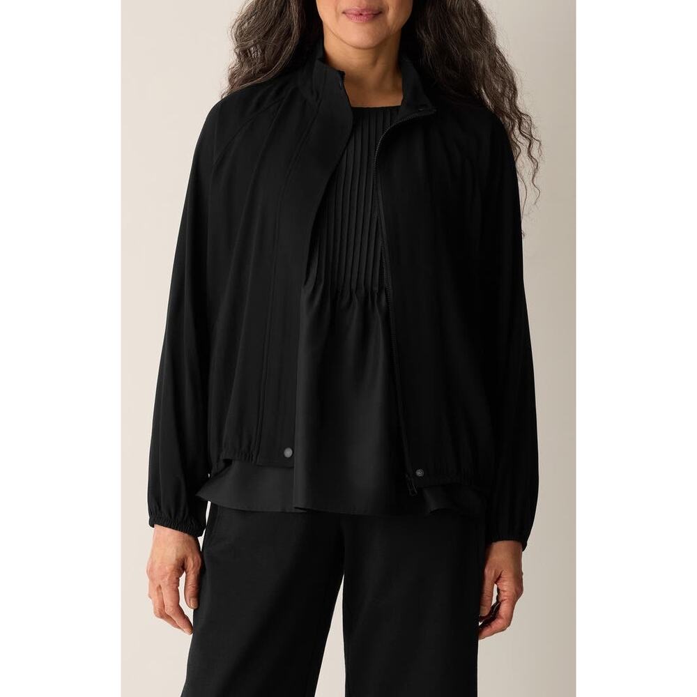 NWT Eileen Fisher Stand Collar 100% Silk Black Jacket Quiet Luxury Refined SZ L
